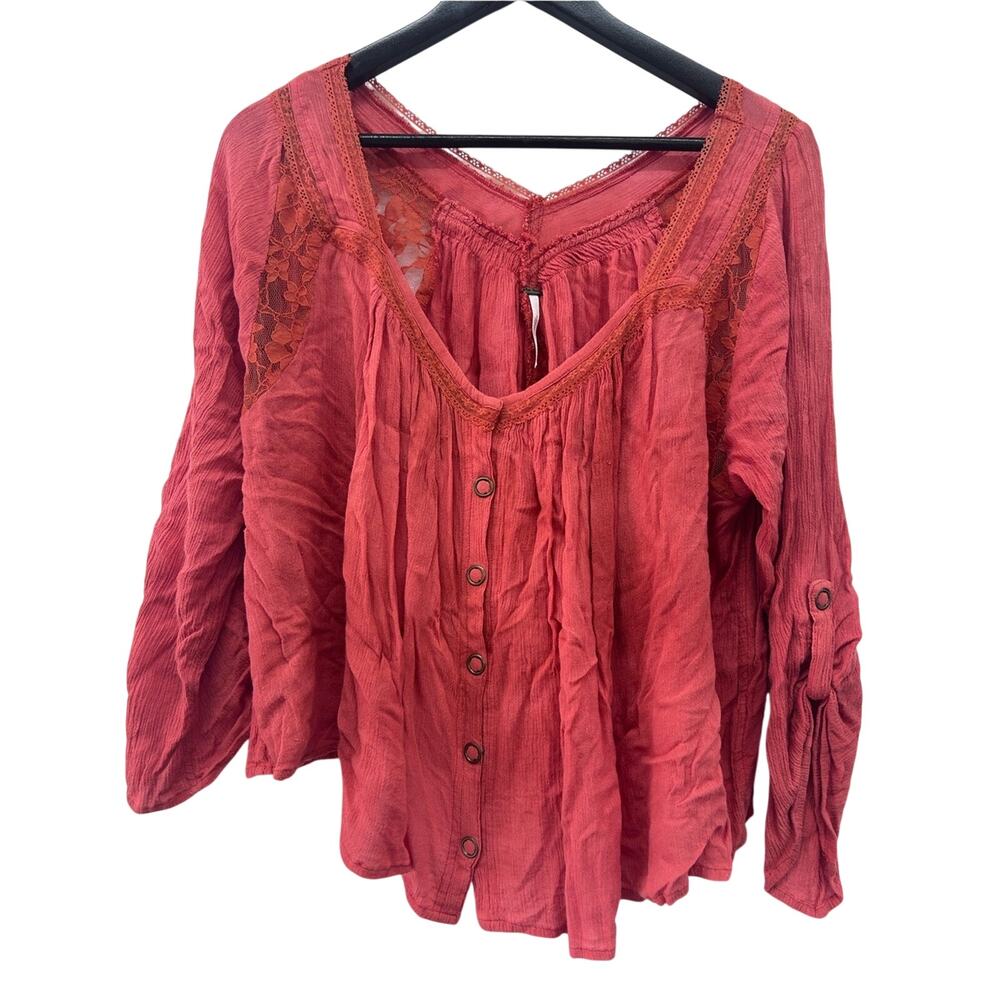 Free People Women’s Lace-Detail Button Front Peasant Top Size L